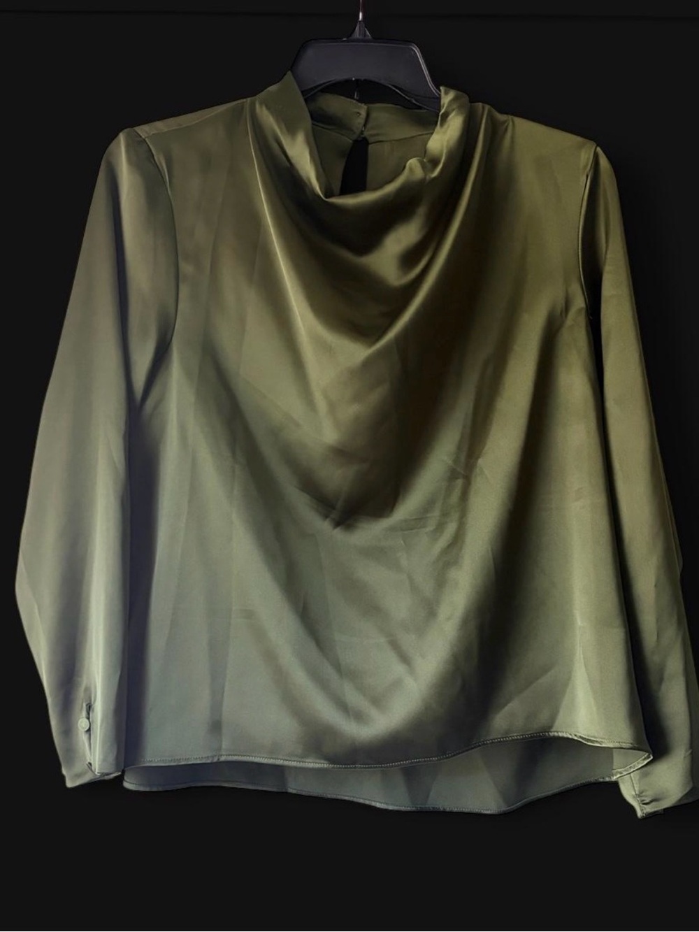Zara Olive Satin Draped Cowl Neck Blouse